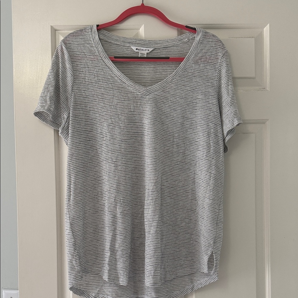 Athleta  Gray and White Striped V-Neck Tee